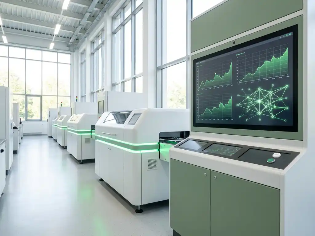 Moderne Produktionshalle mit Industriemaschinen, digitalem Steuerpanel mit grünen Energiekurven und Tageslicht durch große Fabrikfenster.
