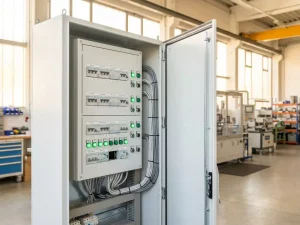 Modernes Industrieschaltpanel mit geordneten Leistungsschaltern in weißem Schaltschrank, grüne Kontrollleuchten, natürliches Tageslicht.