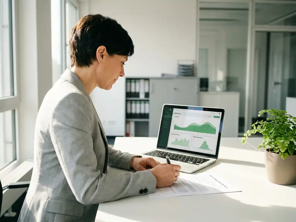 Energiemanager prüft Netzanschlussvertrag am Schreibtisch neben Laptop mit Lastgangkurven, modernes deutsches Büro mit Tageslicht.