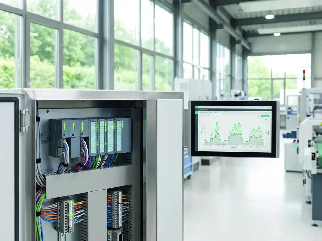 Moderner SPS-Schaltschrank mit grünen LED-Statusanzeigen und Industrie-Tablet mit Echtzeit-Lastkurven in heller Produktionshalle.