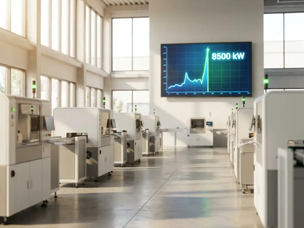 Industriemaschinen starten gleichzeitig in einer hellen Produktionshalle, digitales Energiedisplay zeigt starken Lastspitzen-Anstieg.