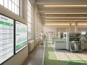 Helle Produktionshalle mit digitalem Lastmanagement-Display, grünen Energiekurven, Schichtplan an der Wand und modernen Maschinen im Hintergrund.