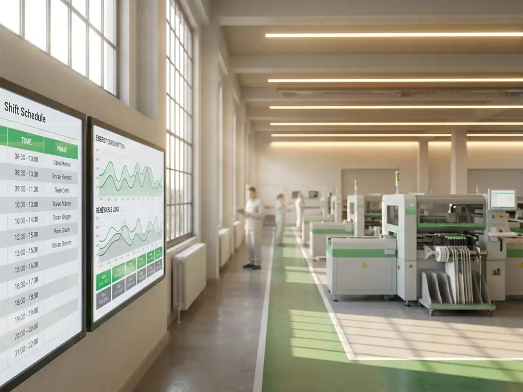 Helle Produktionshalle mit digitalem Lastmanagement-Display, grünen Energiekurven, Schichtplan an der Wand und modernen Maschinen im Hintergrund.
