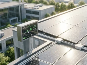 Solaranlage auf einem Industriegebäude mit digitalem Energiemonitor, der grüne Verbrauchskurven anzeigt, im hellen Tageslicht.
