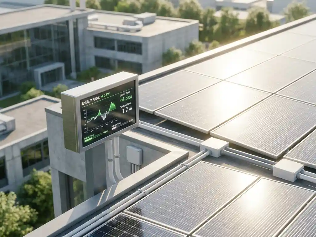 Solaranlage auf einem Industriegebäude mit digitalem Energiemonitor, der grüne Verbrauchskurven anzeigt, im hellen Tageslicht.
