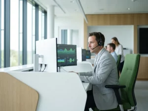 Netztechniker überwacht Echtzeit-Lastverteilungskurven auf einem modernen Leitwartenbildschirm mit grünen und blauen Energiefluss-Grafiken.
