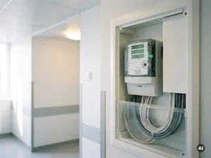 Digitaler Energiezähler mit grünen LED-Displays in weißem Schaltschrank eines Krankenhausflurs bei Tageslicht.