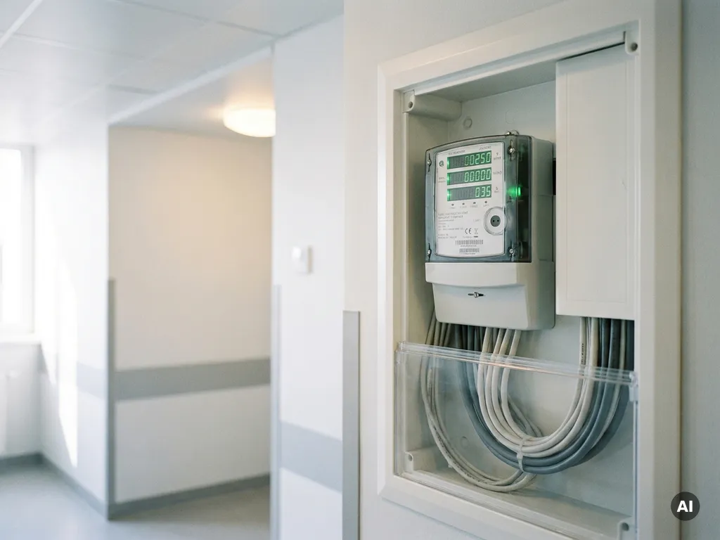 Digitaler Energiezähler mit grünen LED-Displays in weißem Schaltschrank eines Krankenhausflurs bei Tageslicht.