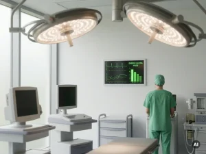 Moderner Operationssaal mit gedimmten OP-Leuchten und digitalem Energiemonitor an weißer Wand mit grünen Verbrauchskurven.