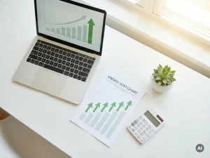 Draufsicht auf modernen Schreibtisch mit Laptop, Energiekostendiagramm, Taschenrechner und grüner Topfpflanze im Tageslicht.