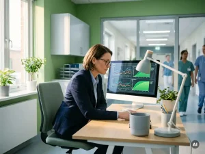 Energiemanager analysiert Verbrauchsdiagramme und Effizienz-Kurven auf Monitor in modernem Krankenhausbüro.