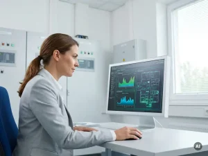 Energiemanager analysiert Gebäudeautomations-Schemata und Energieverbrauchskurven auf einem Monitor im modernen Krankenhaus-Technikraum.