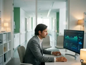 Energiemanager analysiert Verbrauchsdiagramme auf Monitor, moderner Krankenhausflur im Hintergrund sichtbar.