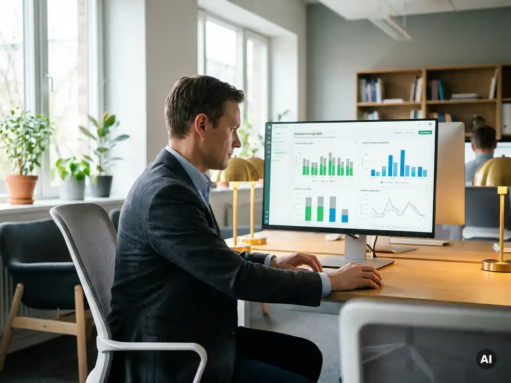 Energiemanager analysiert farbkodierte Balkendiagramme zum Energieverbrauch mehrerer Krankenhausstandorte auf einem Monitor im modernen Büro.