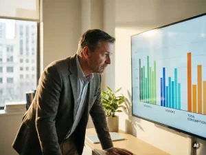 Energiemanager analysiert farbkodierte Balkendiagramme zum Energieverbrauch mehrerer Krankenhausgebäude auf einem modernen Büromonitor.