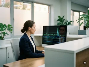 Energiemanager analysiert Verbrauchskurven mit auffälligem Anstieg auf Computermonitor im modernen Krankenhausbüro.