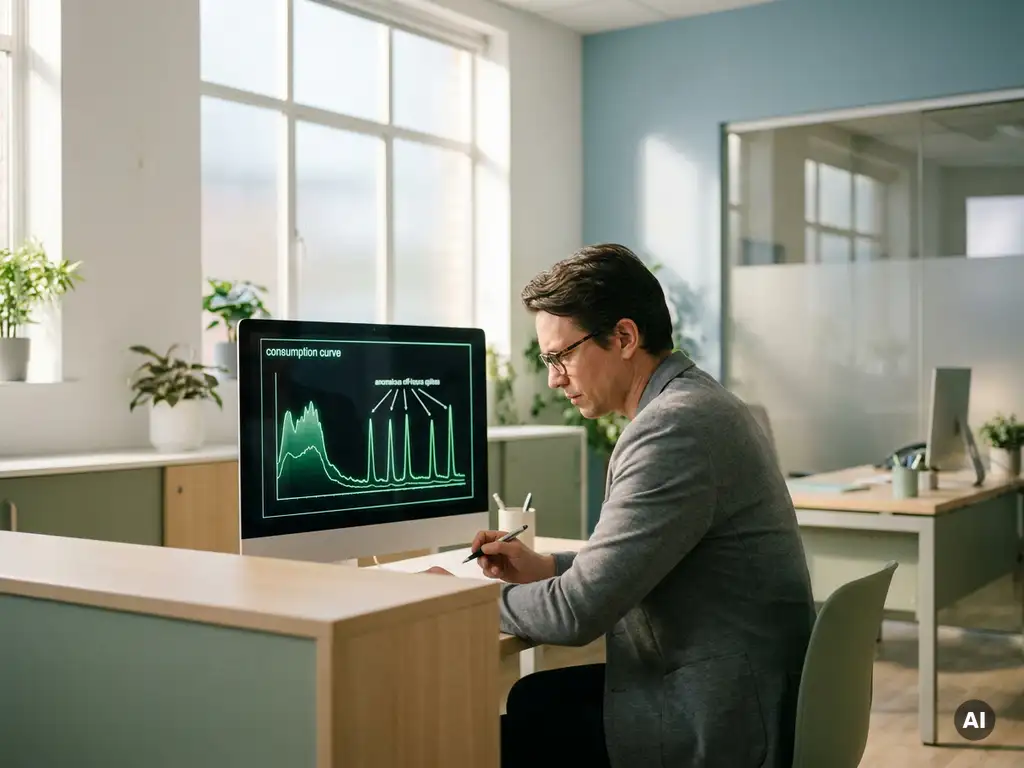Energiemanager analysiert grüne Verbrauchskurven mit Anomalie-Spitzen auf Monitor im modernen Krankenhausbüro.