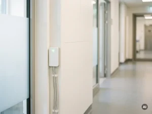 Energiemonitor-Sensor an weißer Wandverkleidung in hellem Klinikflur mit grünen LED-Anzeigen und geordnetem Kabelmanagement.
