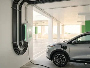 EV-Ladestation in einem Krankenhausparkhaus mit grünen Statuslichtern, ordentlich verlegten Kabeln und hellem Tageslicht.