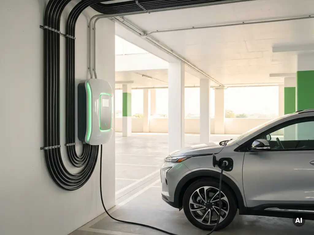 EV-Ladestation in einem Krankenhausparkhaus mit grünen Statuslichtern, ordentlich verlegten Kabeln und hellem Tageslicht.