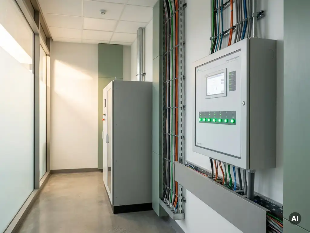 Digitales Energiemonitor-Panel mit grünen LED-Anzeigen in einem modernen Krankenhausverteilerraum bei natürlichem Tageslicht.