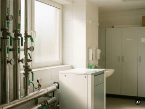 Krankenhausheizraum mit Edelstahlrohren, Wärmepumpe und grün beschrifteten Absperrventilen im Tageslicht.