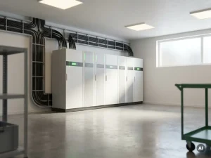 Modernes Batteriespeichersystem in einem Krankenhausnebenraum mit weißem Gehäuse, grünen Statuslichtern und geordnetem Kabelmanagement.