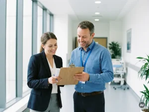 Energieberater und Krankenhausmanager prüfen gemeinsam ein Energieaudit-Klemmbrett im modernen Krankenhausflur.