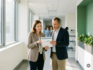 Energieberater und Krankenhausmanager prüfen gemeinsam Energieaudit-Dokumente im modernen Krankenhausflur mit Tageslicht.