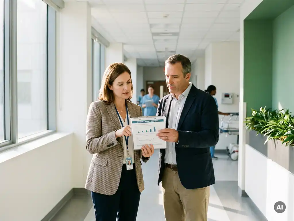 Energieberater und Krankenhausmanager prüfen gemeinsam Energieaudit-Dokumente im modernen Krankenhausflur mit Tageslicht.