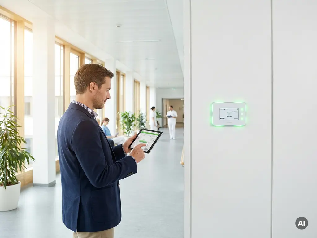 Facility-Manager analysiert Energieverbrauchsdaten auf Tablet neben digitalem Stromzähler im modernen Krankenhausflur.