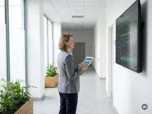Facilities-Manager überprüft Energiemanagement-Dashboard im modernen Krankenhausflur mit grünen Effizienzmetriken.