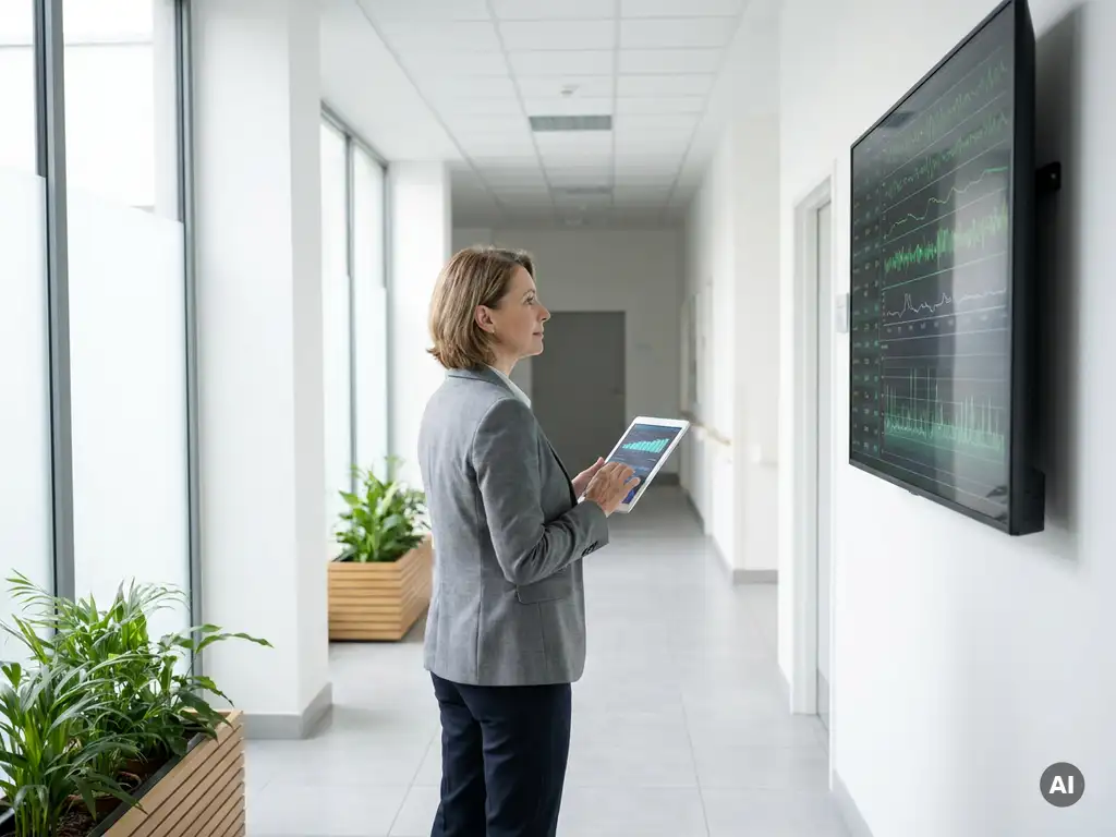Facilities-Manager überprüft Energiemanagement-Dashboard im modernen Krankenhausflur mit grünen Effizienzmetriken.