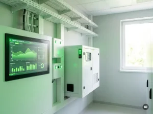 Digitales Energiemanagementsystem mit grünen Verbrauchskurven und Notstromaggregat in einem modernen Krankenhausverteilerraum.