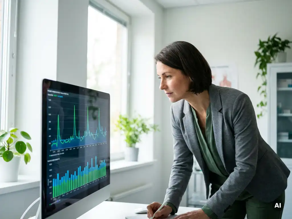 Krankenhausenergiemanger analysiert Stromkostengraphen mit Lastspitzen auf modernem Monitor in hellem Klinikbüro.