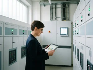 Facility-Manager prüft Energieverbrauchsdaten auf Tablet in modernem Krankenhausverteilerraum mit LED-Anzeigen.