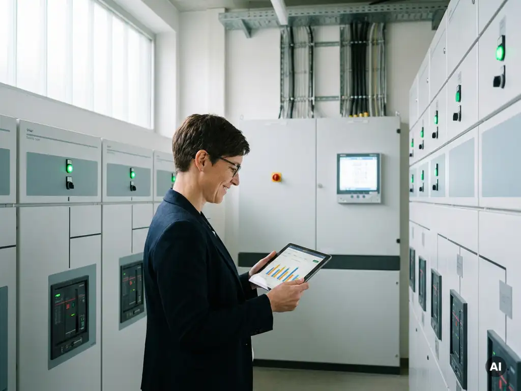 Facility-Manager prüft Energieverbrauchsdaten auf Tablet in modernem Krankenhausverteilerraum mit LED-Anzeigen.