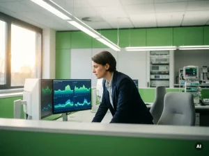 Energiemanager analysiert Stromverbrauchsgraphen auf Monitor in modernem Krankenhaus-Kontrollraum mit medizinischen Geräten im Hintergrund.