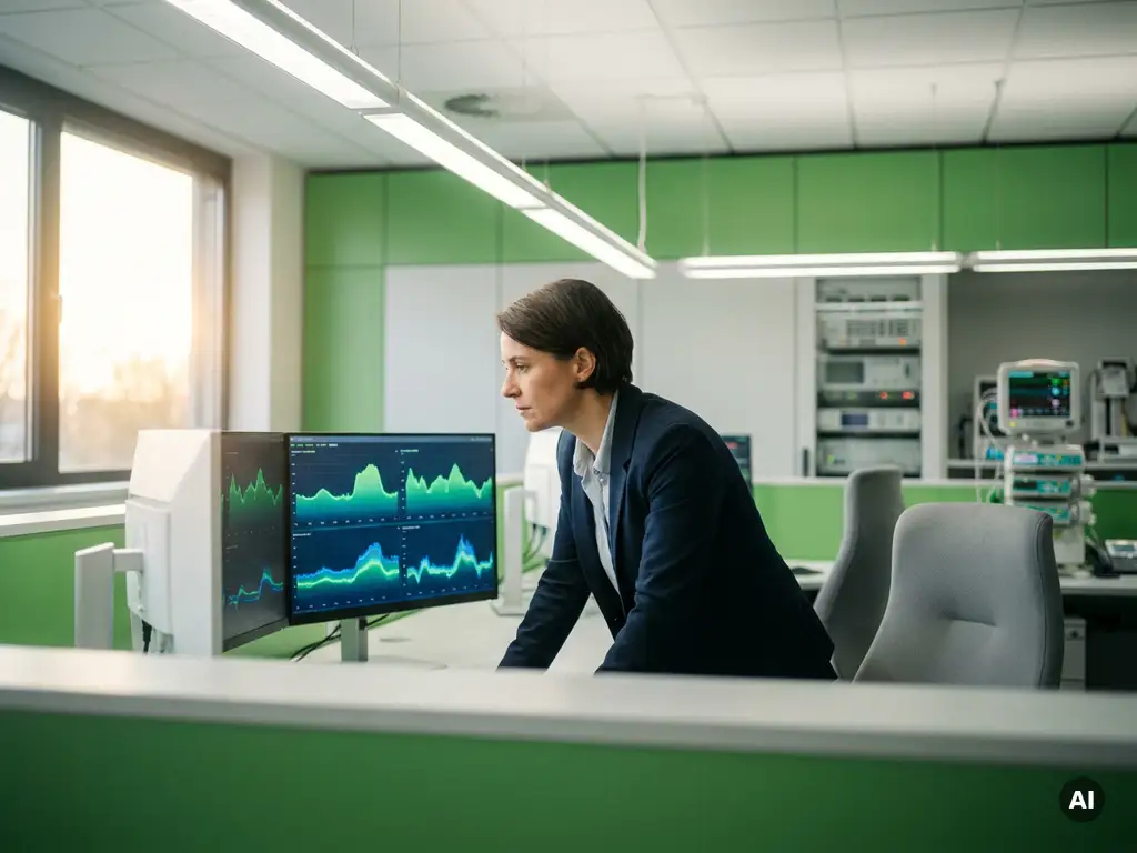 Energiemanager analysiert Stromverbrauchsgraphen auf Monitor in modernem Krankenhaus-Kontrollraum mit medizinischen Geräten im Hintergrund.