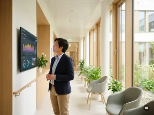 Energiemanager analysiert bunte Verbrauchskurven auf einem Krankenhaus-Dashboard im modernen, lichtdurchfluteten Krankenhausflur.