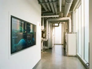 Digitales Energiemonitor-Display in einem Krankenhaustech­nikraum zeigt Kühlsystem-Leistungskurven in Grün und Blau.
