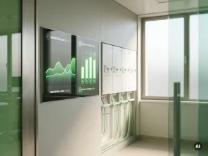 Digitales Energiemonitoringpanel in einem Krankenhaustech­nikraum mit grünen Verbrauchskurven und aktiven Medizingeräteanzeigen.