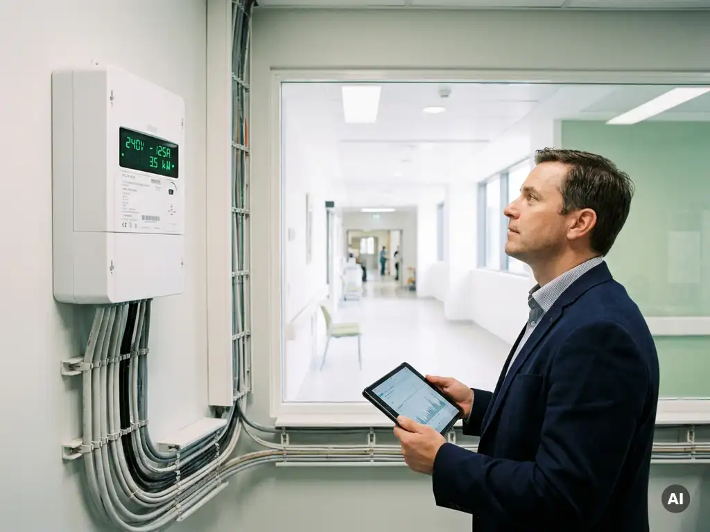 Energiemanager prüft digitales Subzähler-Display mit grünen LEDs in einem modernen Krankenhaus-Technikraum.