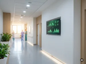 Digitales Energiemonitor-Display mit grünen Verbrauchskurven in einem modernen Krankenhausflur bei Nacht-Tag-Übergang.