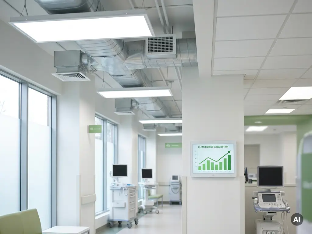 Moderner Krankenhausflur mit HVAC-Lüftungsanlage, chirurgischen Deckenleuchten und grünem Energieverbrauchsdisplay an weißer Wand.