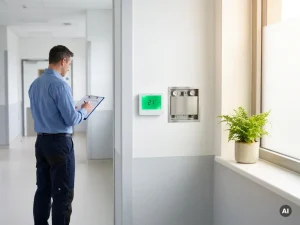 Wartungstechniker prüft Klemmbrett neben digitalem Thermostat und Wärmeverteiler im modernen Krankenhausflur.