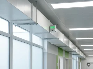 Weiße Lüftungskanäle an einer Krankenhausdecke mit montiertem Energiesensor und grünem LED-Display im hellen Korridor.
