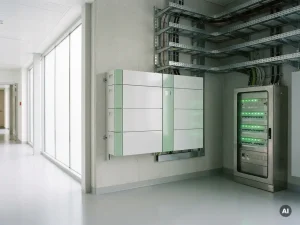 Batterie-Speichersystem in einem modernen Krankenhausverteilerraum mit grünen LED-Statusanzeigen und organisierten Kabeltrassen.