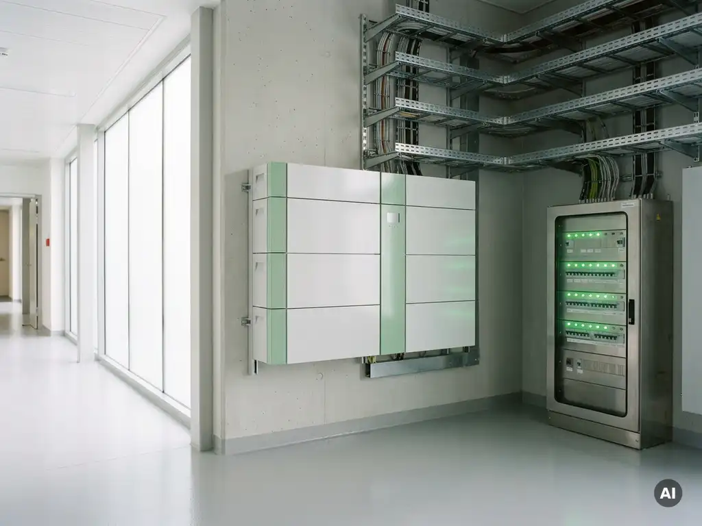 Batterie-Speichersystem in einem modernen Krankenhausverteilerraum mit grünen LED-Statusanzeigen und organisierten Kabeltrassen.