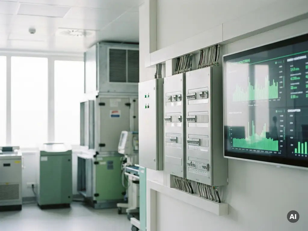 Krankenhaus-Technikraum mit Stromverteilerschränken und grünem Energiemonitor-Display an weißer Wand, helles Tageslicht.